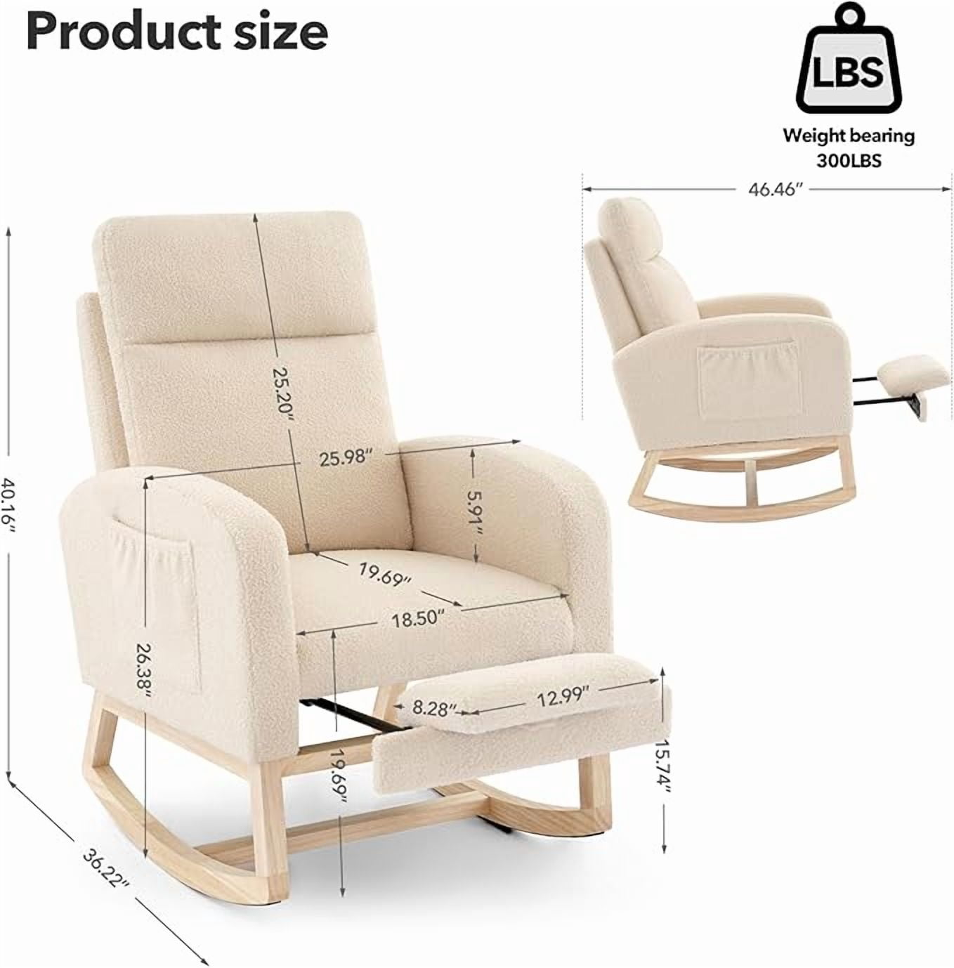 Rocking Chair Nursery, Nursing Rocking Chairs with Foot Rest for Mom Nursery, Rocker Glider Chair with High Backrest for Living Room,Bedroom, Upholstered Lounge Chair with Solid Wood Base for Relaxin