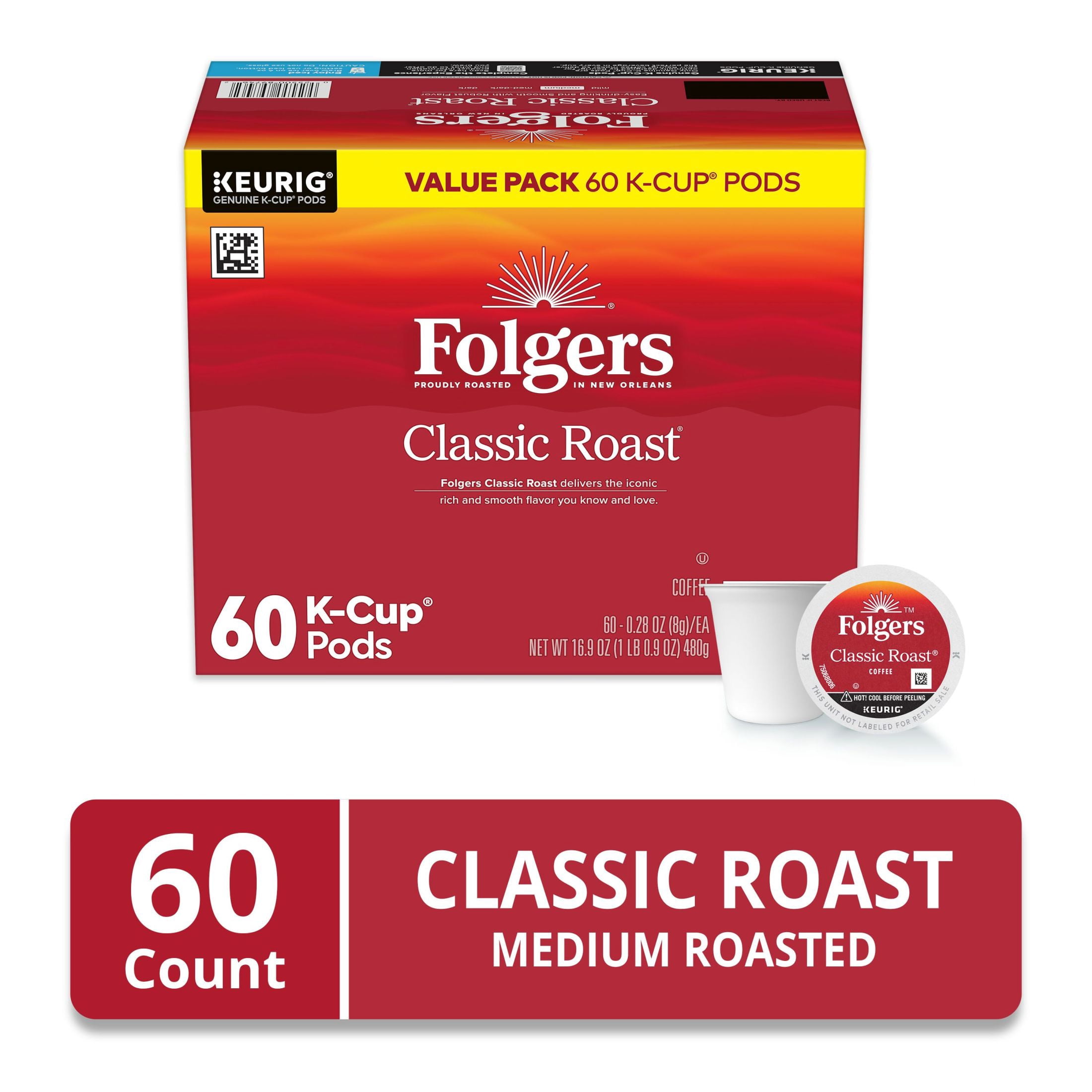 Folgers Classic Roast, Medium Roast Coffee, Keurig K Cup Pods, 60 Count Box