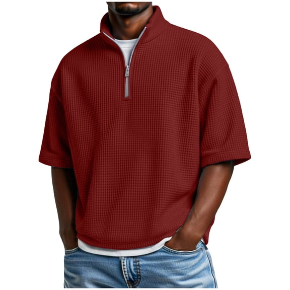 Cheytotty Waffle Henley Shirts For Men Short Sleeve Comfy Blouse Workout Golf Tops Wine Xl