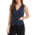 thumbnail image 2 of Chaleco de mujer sin mangas con cuello en V, botones y rayas, estilo moderno, atuendos casuales, M, azul oscuro, 2 of 6