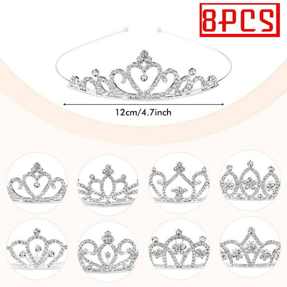 8 Pack Silver Metal Sparkly Glitter Rhinestone Crown Headbands Wedding Prom Birthday Party Princess Hair Tiaras Clasps Accessories for Girls Teens Women Brides