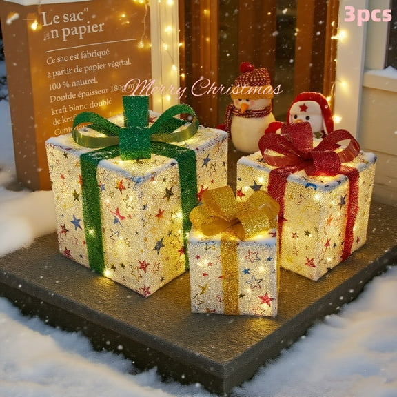 3pcs Lighted Christmas Gift Box Decor with Warm LED Lights | Battery-Powered Indoor/Outdoor Snowy Ribbon Decorations | Stake Installation for Yard, Xmas Tree & Holiday Displays