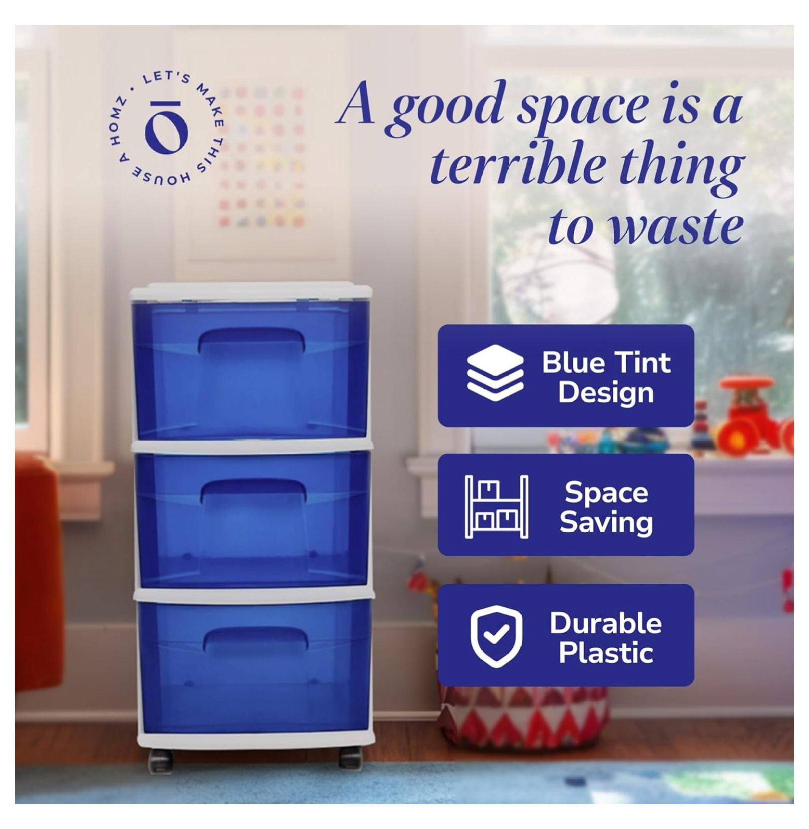 3-Drawer Storage Cart, Plastic Home & Office Organizer, Blue w/ White Frame White Frame/Blue Drawers