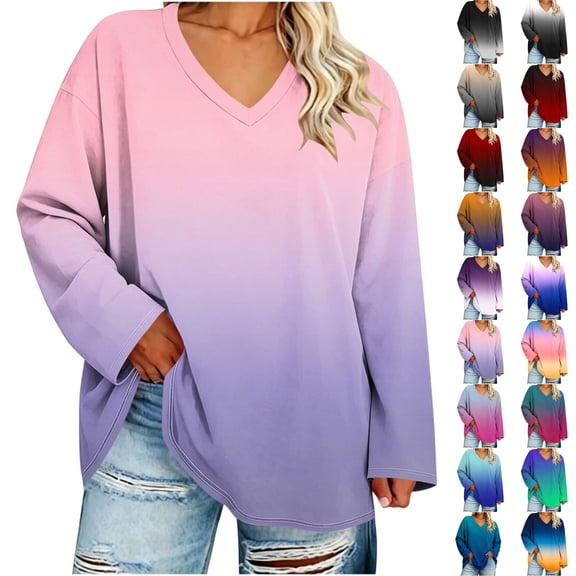 Perfectbot Plus Size Long Sleeve T-Shirt for Women, V Neck Tunic Tie Dye Print Loose Casual Tee Top Sizes L-5X
