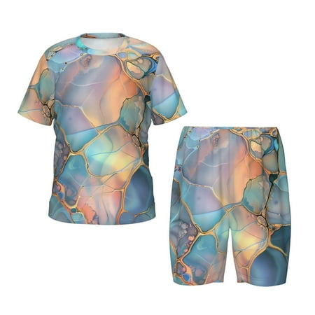 Luyuia Pastel Abstract Fluid Art Print Girls  2-Piece Tie-Dye Pajama Set  Cute Summer Loungewear with Shirt and Tank Shorts Nightwear-Small