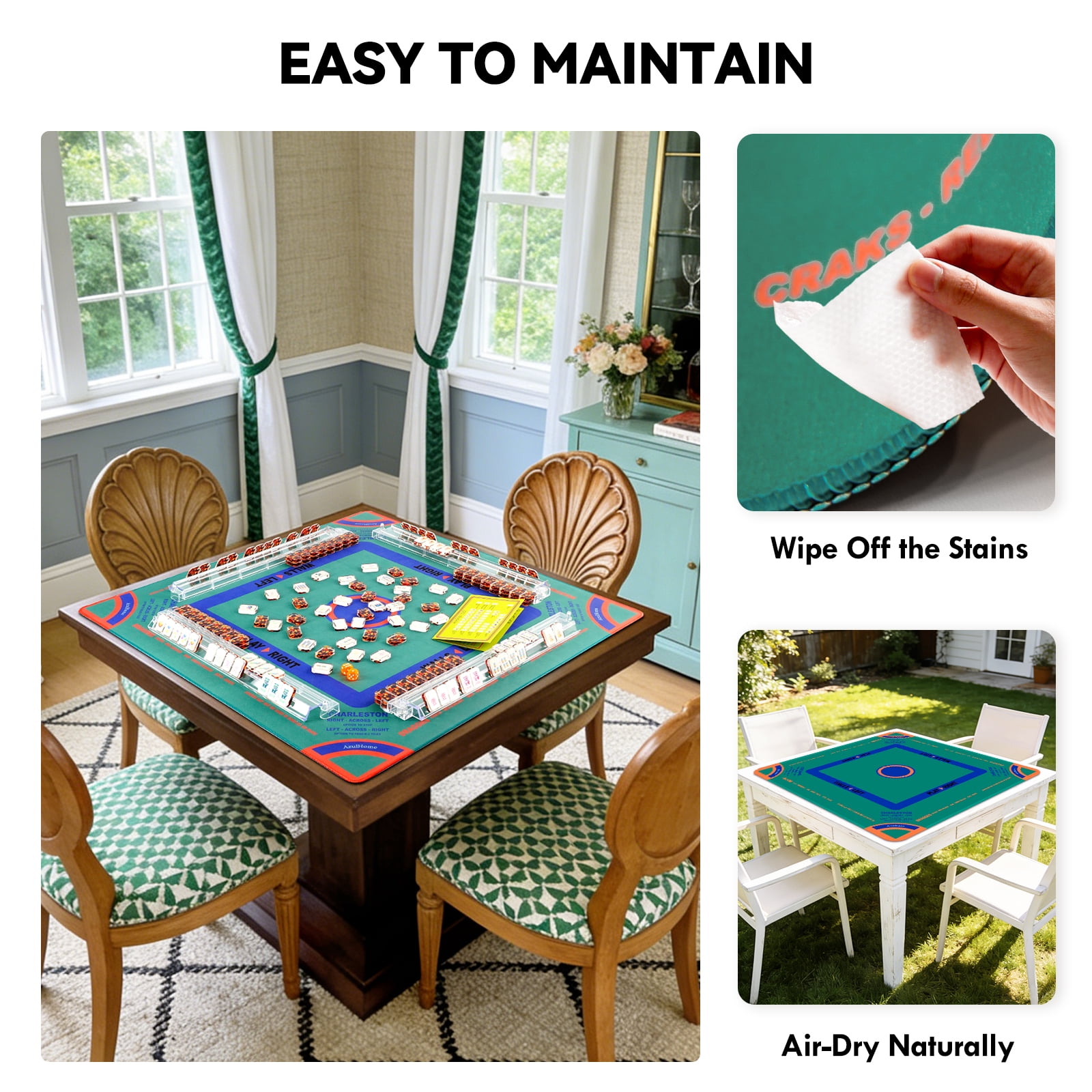 AzulHome Mahjong Mat with Black Carrying Bag, 31.5" Anti-Slip Mat with Rules Printed On Surface, Noise Reducing Table Cover for Poker, Cards & Dominoes, Green