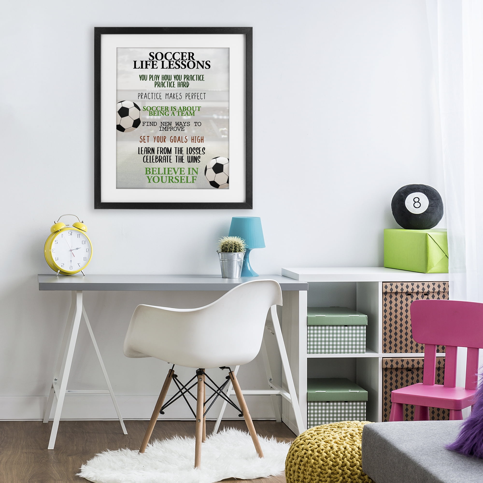 Soccer Life Lessons Black Framed Print Under Glass, design by Kim Allen