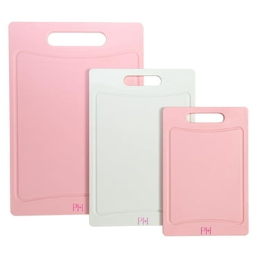 Paris Hilton Cutting Boards, Dual-Sided Cutting Board Set with Built-in Juice Grooves, Easy-Grip Handles, Heavy-Duty Plastic Made without BPA, Dishwasher Safe, 3-Piece Set, Pink and Cream C31