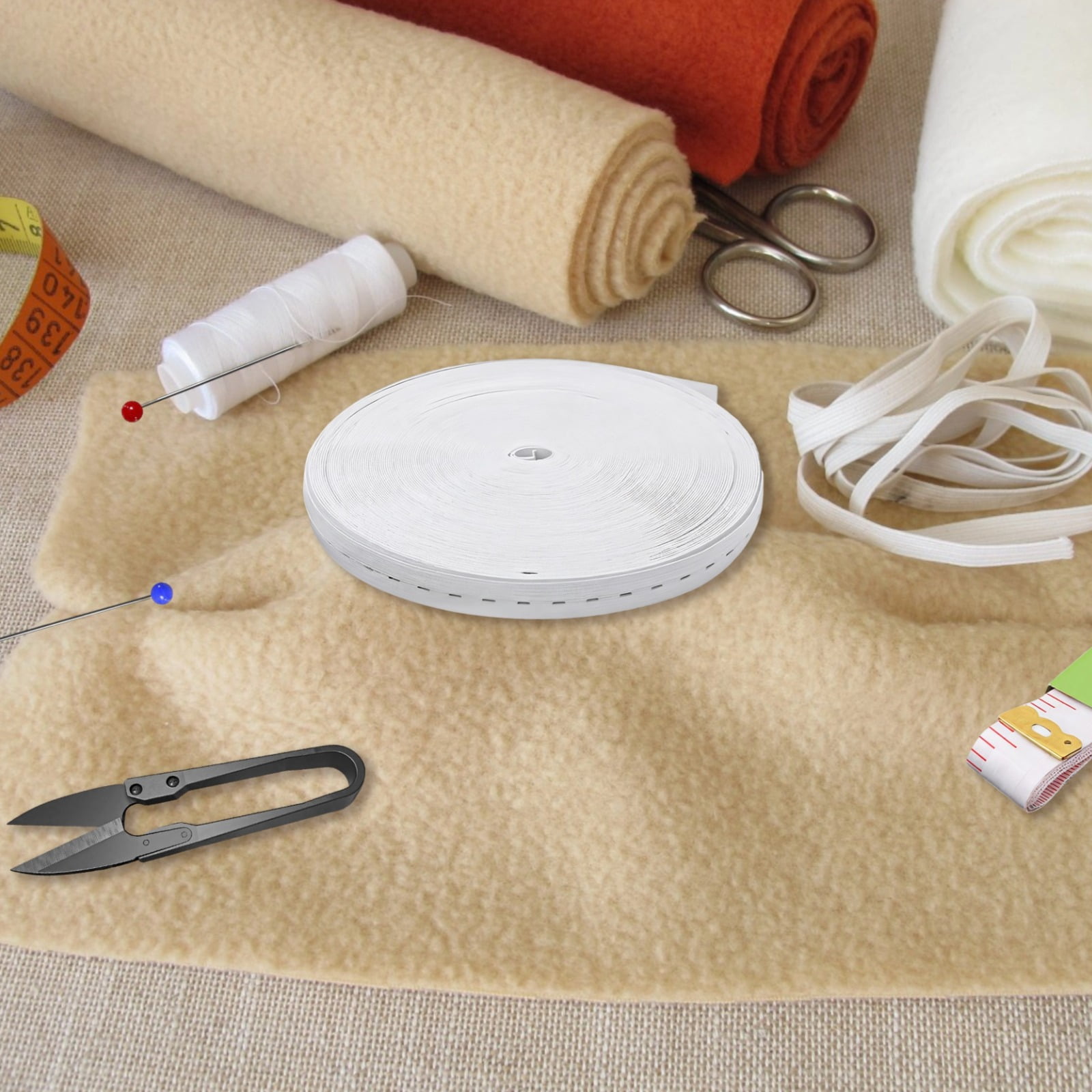 131 Ft White Elastic Band Trim Roll with Complete Tool Kit - Scissors, Pins, Soft Ruler, Button | 0.75 Inch Knitted Stretch Cord for Sewing, Bags, DIY Crafts