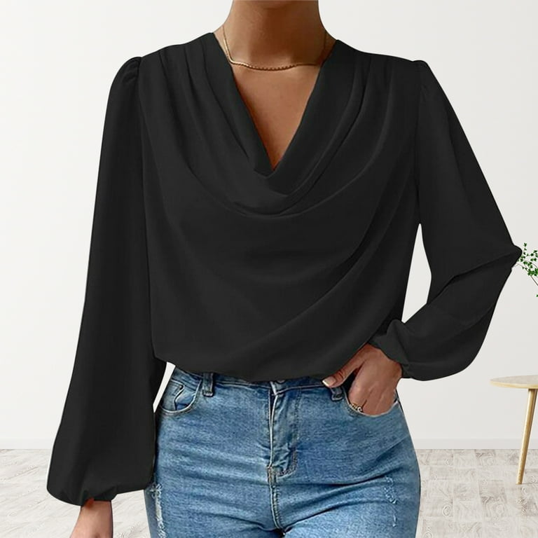 Hfyihgf Women's Elegant Cowl Neck Long Sleeve Blouse Solid Color