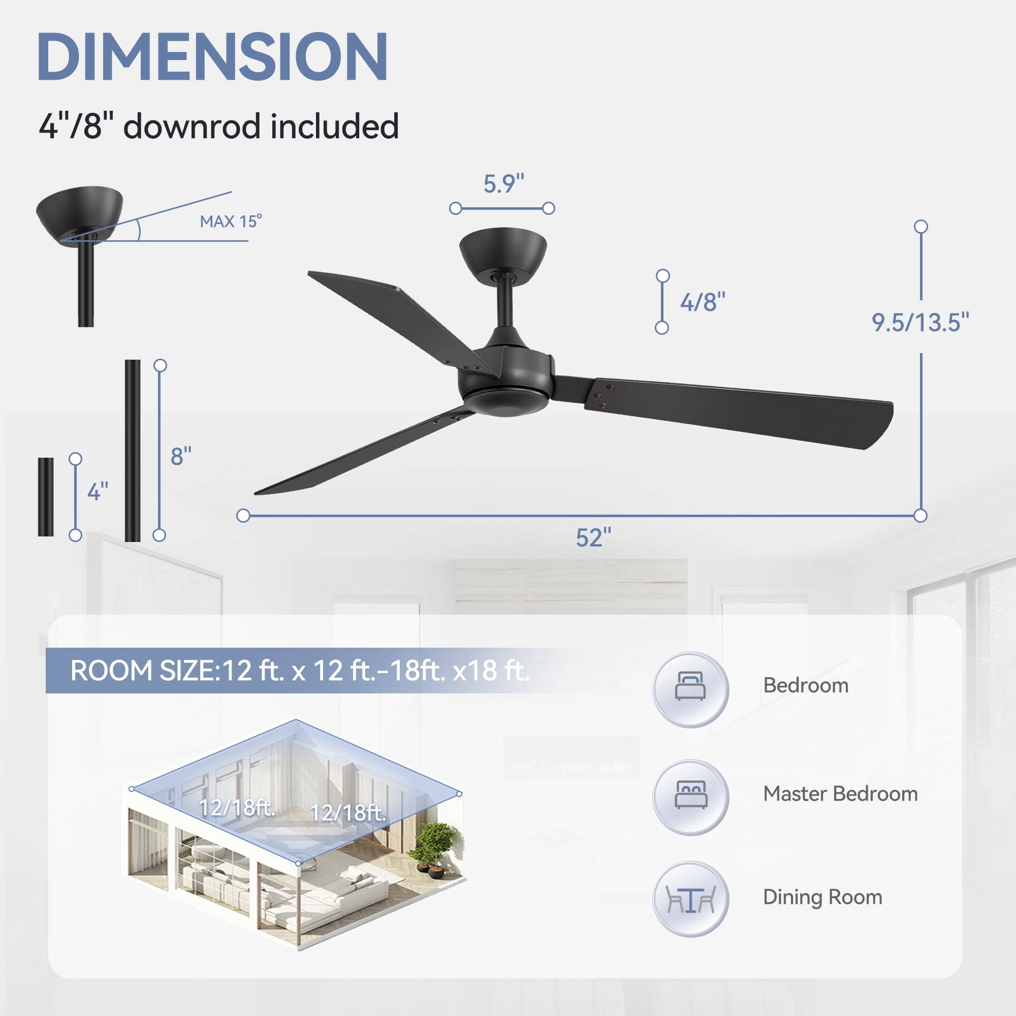 ALKAFY 52 inch 2-Pack Black Modern Ceiling Fan - No Light, 6-Speed, 3 Blades, Remote, for Bedroom, Living Room & Dining Room