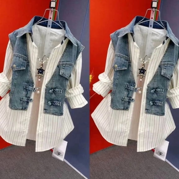 New Women'S Casual And Fashionable Patchwork Striped Top Shirt Jacket Plus Size