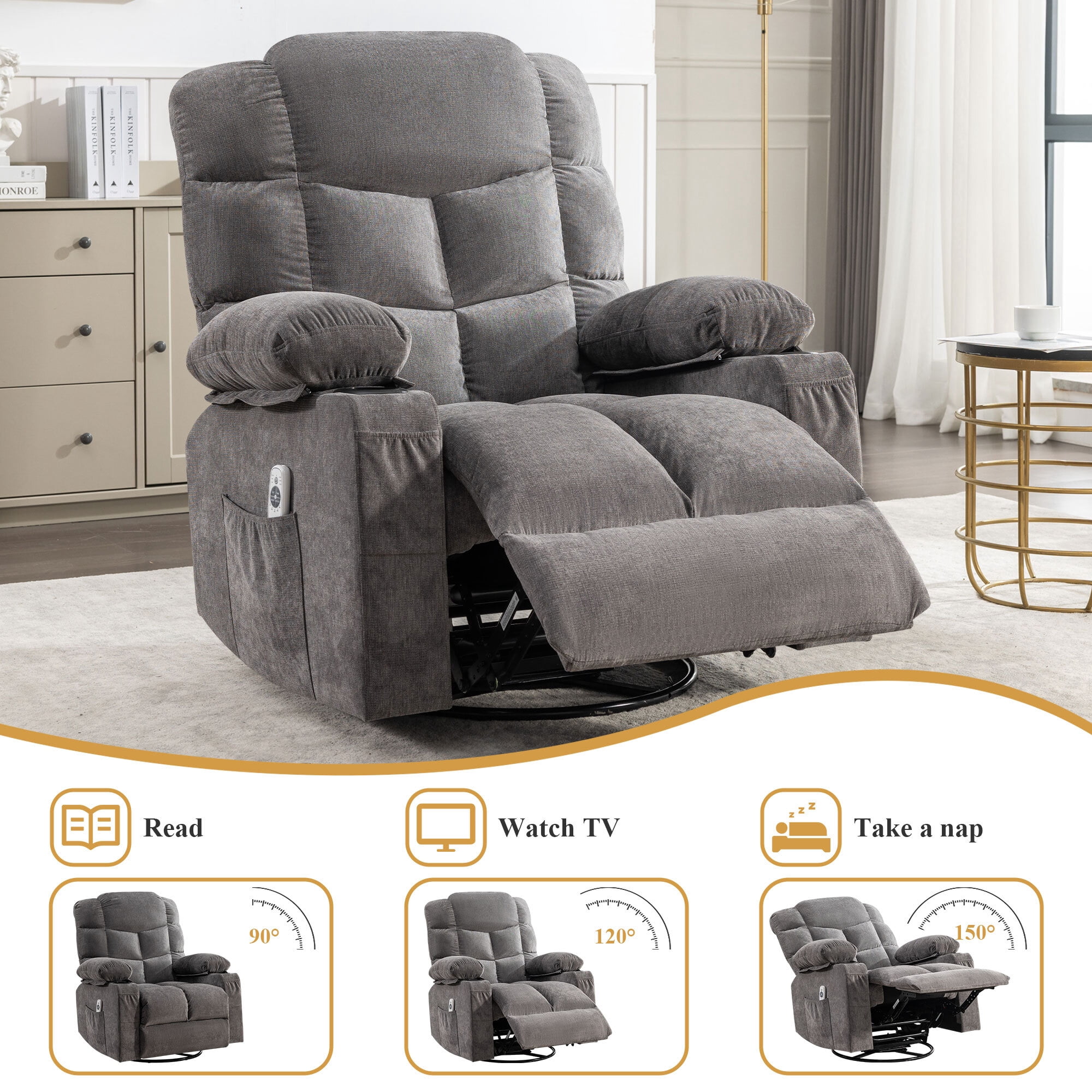 Alvantor Swivel Recliner Chair with Massage & Heat Single Rocker Sofa with Cup Holders for Bedroom Home Theater Gray