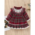 thumbnail image 2 of hirigin Girls Fall Casual Dress, Plaid Lace Patchwork Stand-Up Collar Flounce Long Sleeve Dress with Ruffle Hem for Kids, 1-7 Years, 2 of 8