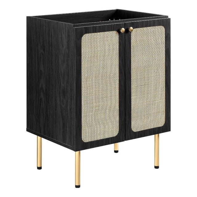 Pemberly Row 24" Wood & Rattan Bathroom Vanity Cabinet in Black