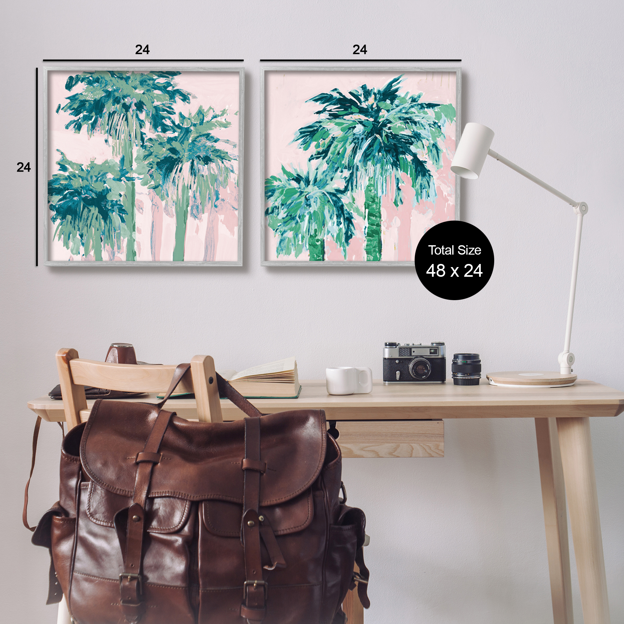 Stupell Industries Abstract Palms on Pink Botanical & Floral Painting Gray Framed Art Print Wall Art, 24 x 24, Set of 2
