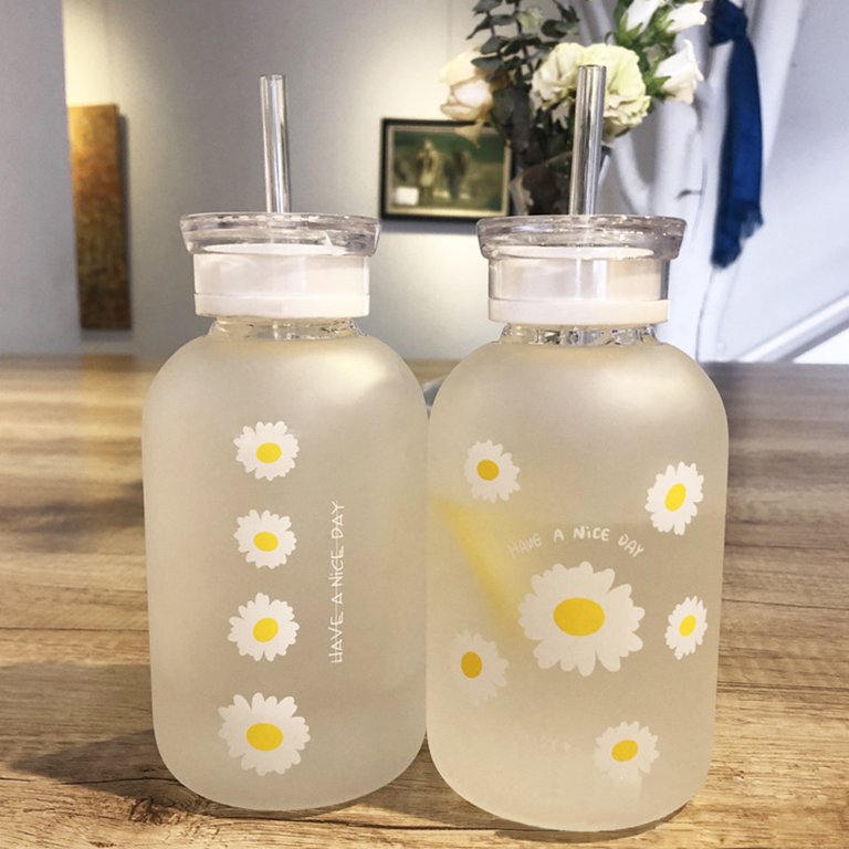 Cute Water Bottles Aesthetic Cute Water Bottles for Women Portable Kawaii  Little Daisy Frosted Glass Water Bottle with Straw Lid