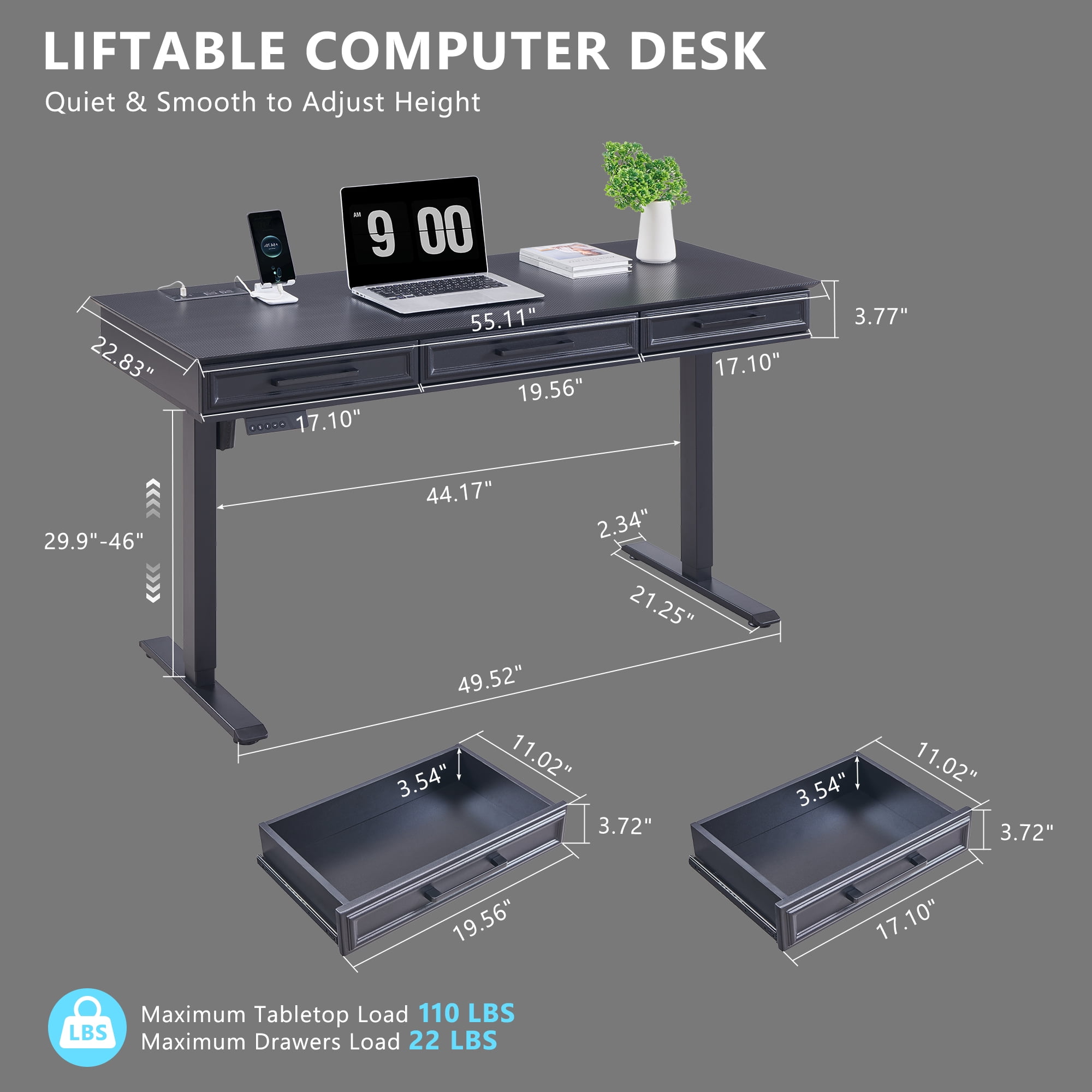 wow97e Electric Standing Desk, 55" x 22" Adjustable Height Office Computer Desk with 3 Storage Drawers, Sit Stand Up Desk with Power Outlets for Study and Home