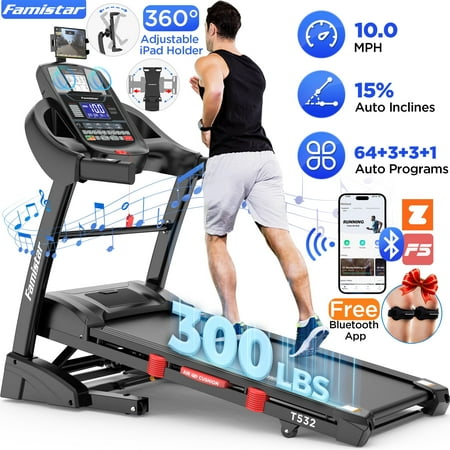 Famistar 4.5HP Folding Treadmill for Home with 15 Auto Incline, Smart APP, 300lbs, HiFi Bluetooth Speakers, 64 Programs, 10MPH Speed, Foldable EleTreadmill Running Machine, Knee Strap Gift