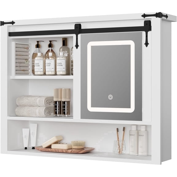 Vecenuy White Bathroom Wall Cabinet with Mirror, 3 Lighting Modes, Adjustable Brightness, Jewelry Holder, Sliding Door, Over Toilet Storage Cabinet, White