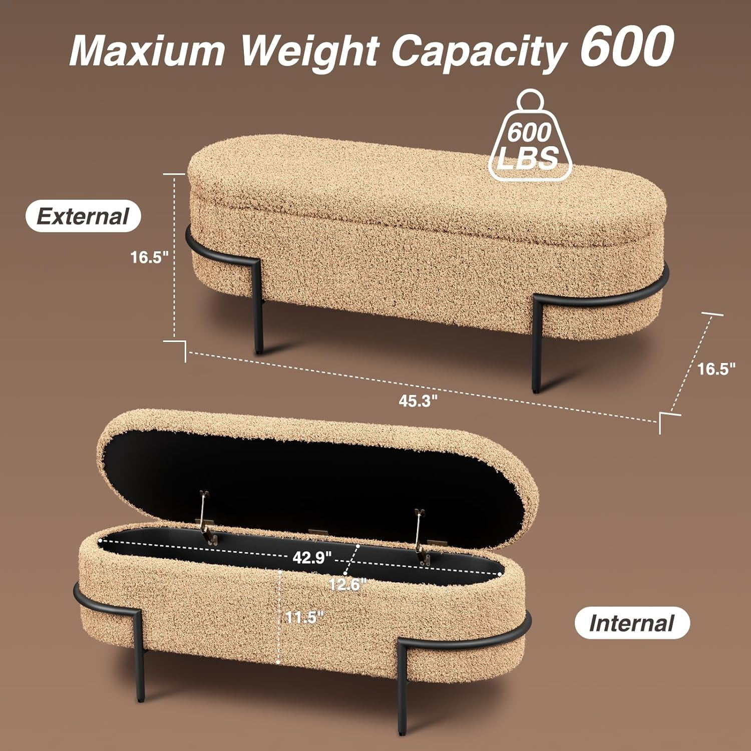 VEANERWOOD Storage Ottoman Bench Bedroom Bench Holds Up To 600lb, 45.3''Sherpa Upholstered Footstool Bench with Metal Legs for Entryway, Living Room Bedroom,