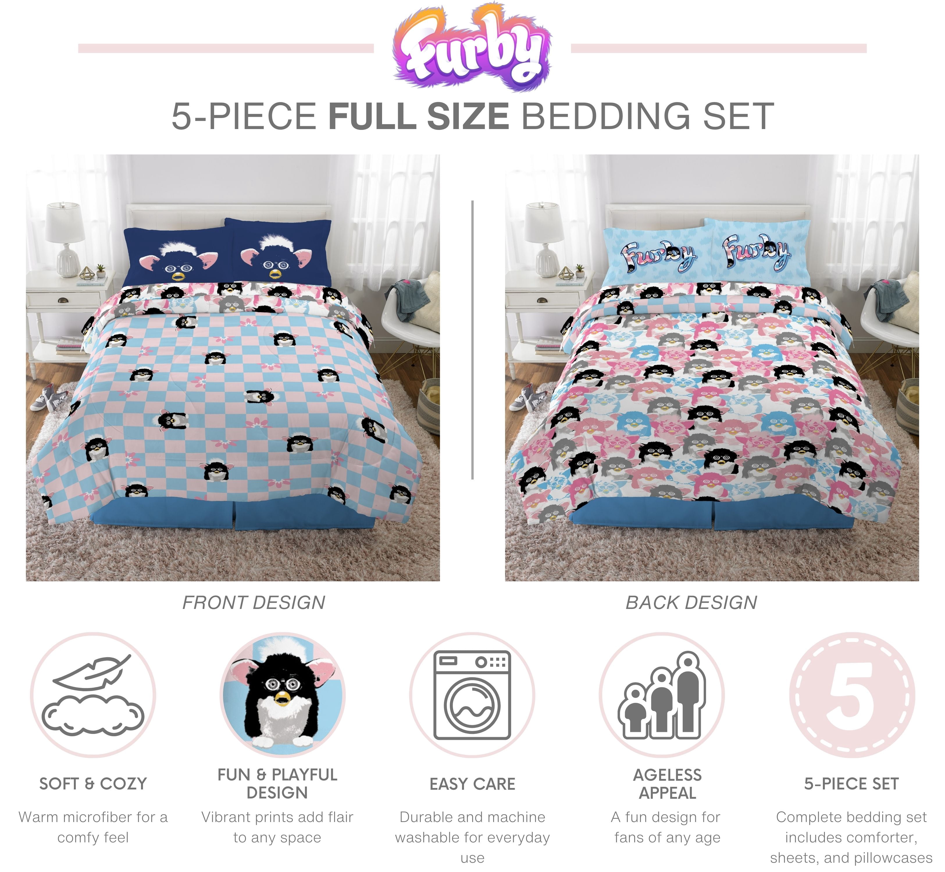 Furby Kids Full Bed in a Bag, 5Pc Bedding Set, Comforter and Sheets