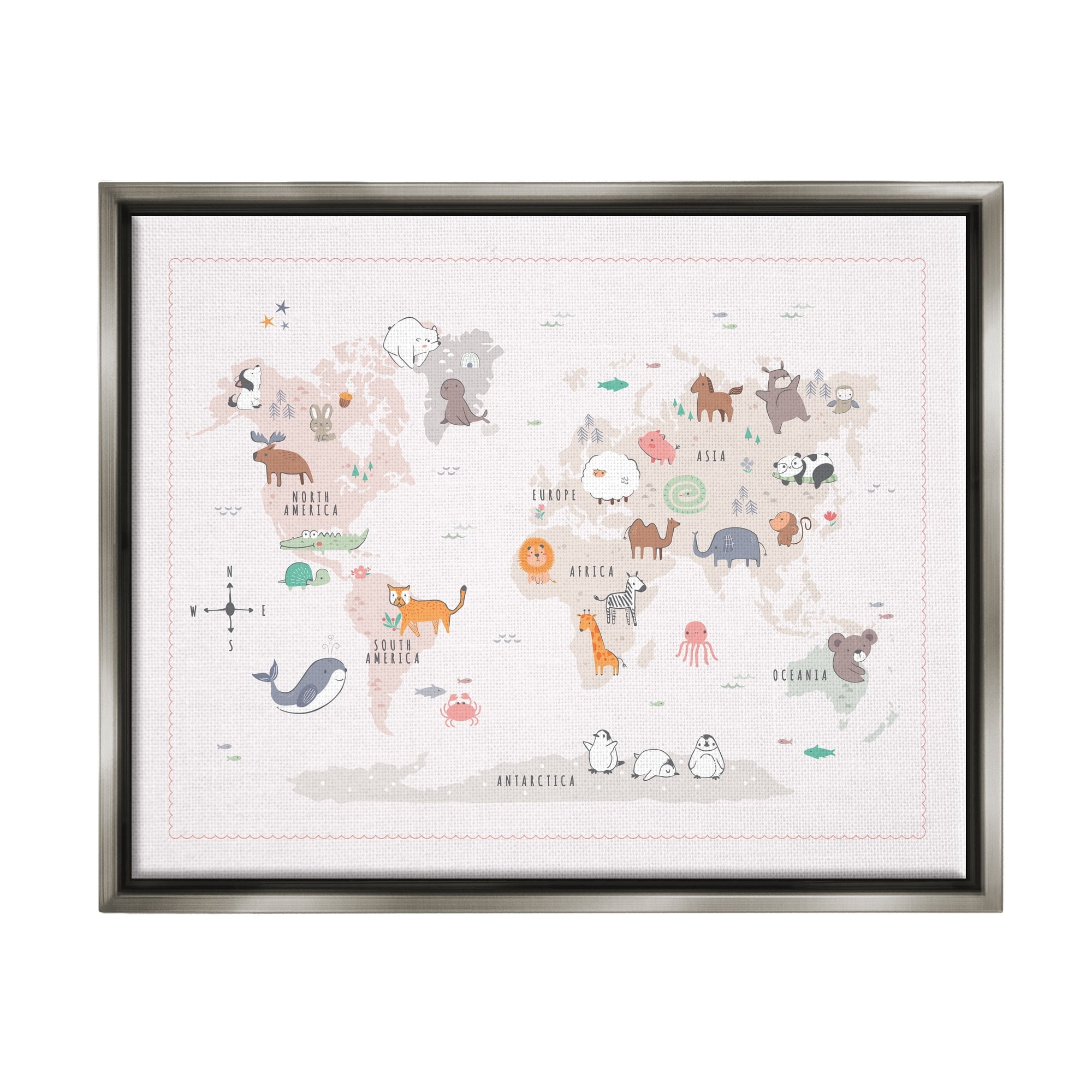 Stupell Industries Native Wildlife Animals Countries World Map Education Graphic Art Luster Gray Floating Framed Canvas Print Wall Art, Design by Andrea Jasid Grassi