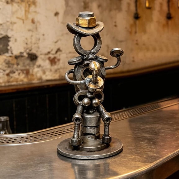 Handmade Industrial Steampunk Metal Sculpture  Welded Nut & Bolt Cowboy Figurine with Hat, Rustic Home Decor & Office Desk Accent (16cm)