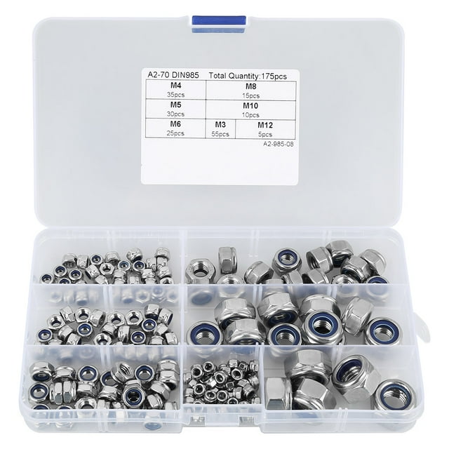 Stainless Steel Nuts Assorted Kit,175pcs M3 M4 M5 M6 M8 M10 M12 Hex Nuts Screw Fastener Assorted Kit