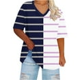 thumbnail image 2 of QUNYINEY Short Sleeve Shirts for Women Trendy Striped Casual V Neck Tops Plus Size Colorblock Loose Pullover T-Shirts, 2 of 4