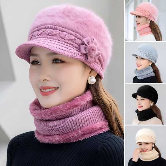 TELOLY Fleece Lined Womens Beanie Hat, Winter Hat Scarf Mask Set, Women's Winter Hat, Middle-Aged and Old Warm Earmuff Hat, Beanie and Scarf Set