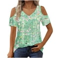 thumbnail image 4 of Women's Summer Trendy Tops Floral Printed Cold Shoulder Tunic Tee Shirt V Neck Short Sleeve Casual Blouses Beach Outfits (XL, Green 03), 4 of 7