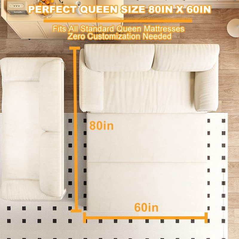 66" Futon Sofa Bed Queen Size, Pull Out Bed, 3-in-1 Convertible Sleeper Sofa with Side Pocket, Modern Velvet Futon Couch for Living Room, Small Space, Apartment, Bedroom, Beige