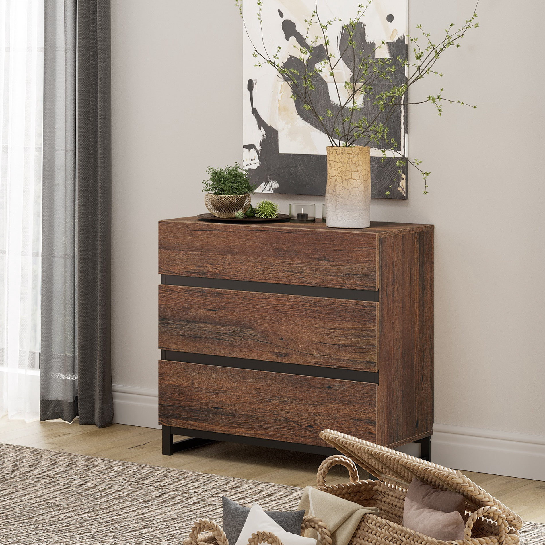 2 Pack Modern Rustic Wood Nightstand, 3 Drawers Bedside Table with Black Square Iron Legs, Brown