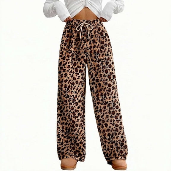 MEZZALL Women Leopard Print Wide Leg Jogger Pants Drawstring Loose Knit Pants Lined Winter Warm Trousers With Pockets High Waisted Baggy Sweatpants, M