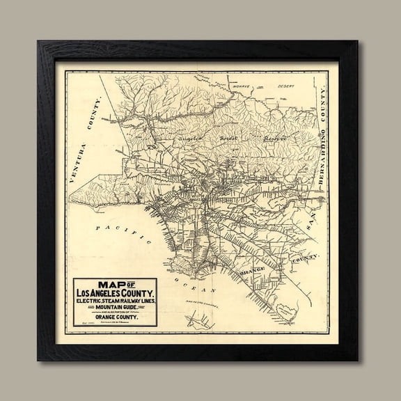 Historic 1912 Los Angeles California Railway Map; One 12x12in Black Framed Print
