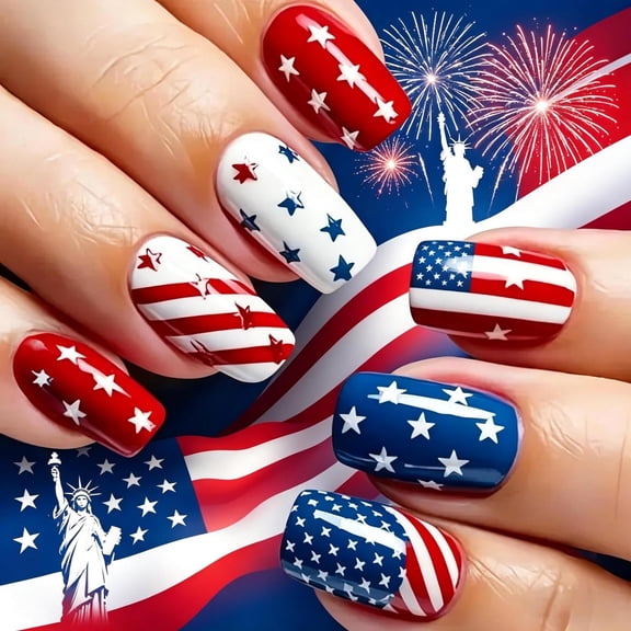 24Pcs Short Square 4th of July Press On Nails, Red White Blue American Flag Star Stripe Patriotic False Nails, Reusable Nail Tips for Independence Day Holiday Party Daily Manicure Decor