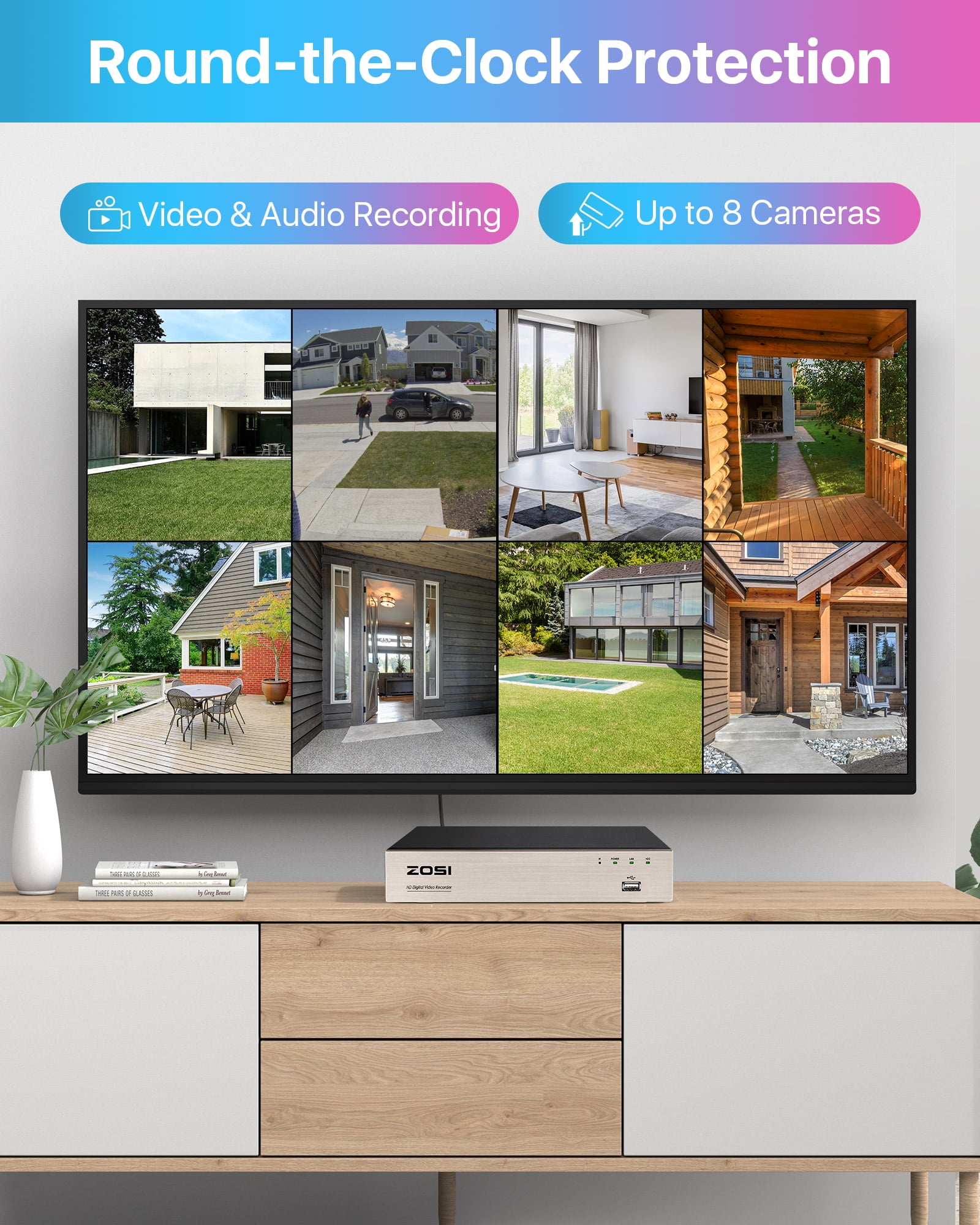 3K Lite Security Camera System, ZOSI H.265+ 8CH Wired DVR with 1TB HDD, 4pcs Outdoor 1080P Cameras with AI Human/Vehicle Detection, 120ft Night Vision, Weatherproof, 24/7 Recording