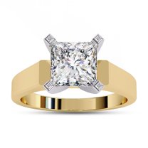 Solitaire Style Engagement Rings for Women | 6.5MM Princess Cut Lab Created Moisaanite 4-Prong Promise Rings in 14K Yellow Gold over Sterling Silver Jewelry Gift for Her, Ring Size 8.5