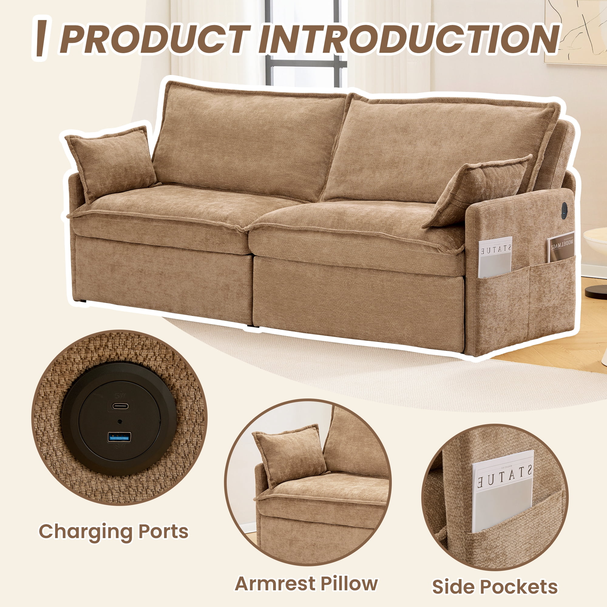 73.6'' Pull Out Sofa Bed, 3 in 1 Convertible Sleeper Loveseat Sofa, Pull Out Couch with USB Charging, Side Pockets for Living Room, Apartment, Small Spaces (Chenille, Khaki)