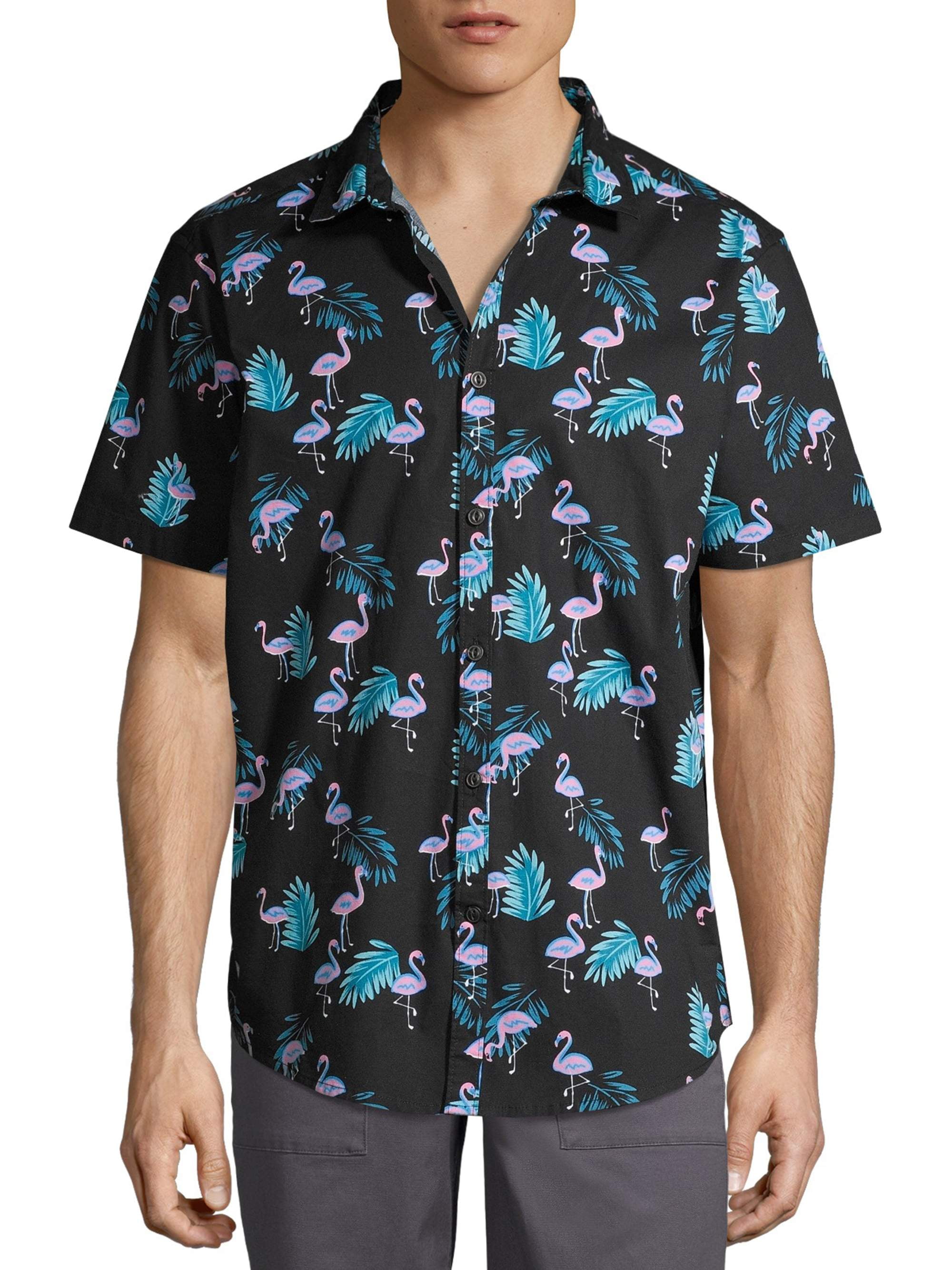 No Boundaries Men's Flamingo Print Short Sleeve Button-up Shirt 