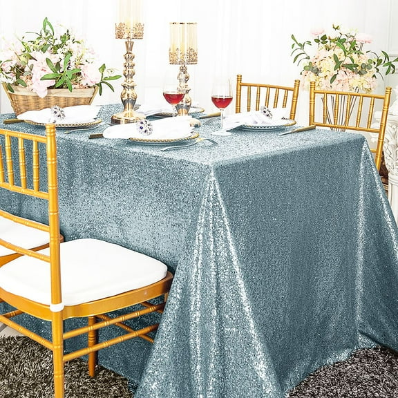 Wedding Linens Inc. 90'' x 156" Rectangular Sequin Taffeta Tablecloth - Dusty Blue