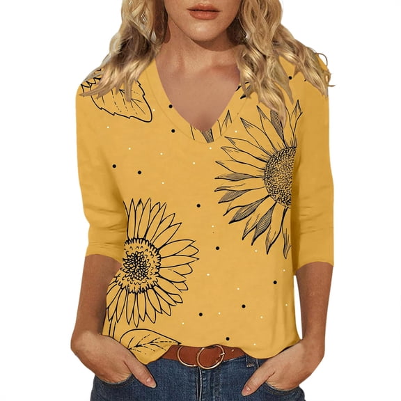 CONZONE Womens T-Shirts 3/4 Sleeve T Shirts for Women Casual V Neck Floral Graphic Lightweight Tees Soft Cozy Athletic Tops