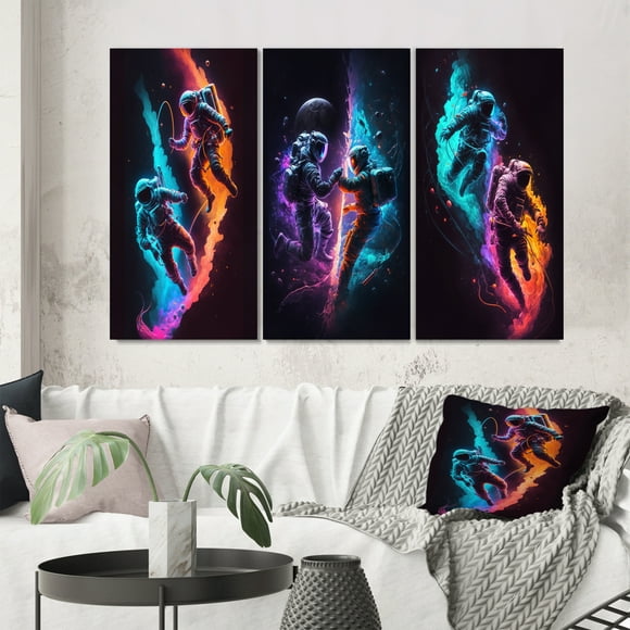 Designart "Cosmic Explorers Astronauts III" Space Wall Art Set Of 3 - Blue Space Canvas Set For Living Room Decor