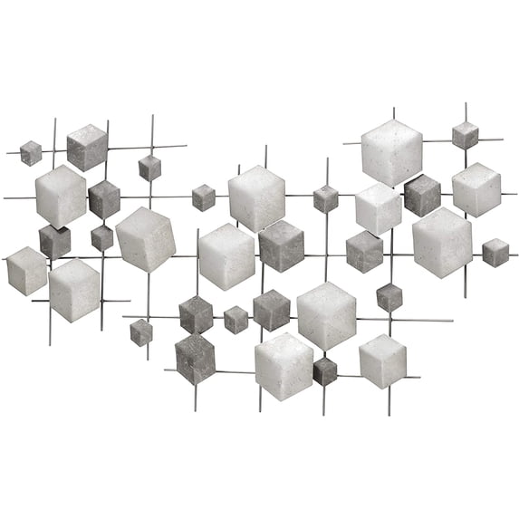 Modernist Grey Tonal Cubist Metal Sculpture, Abstract Wall Decor, Painted Iron, Welded, 36.25 x 19.75 Inches