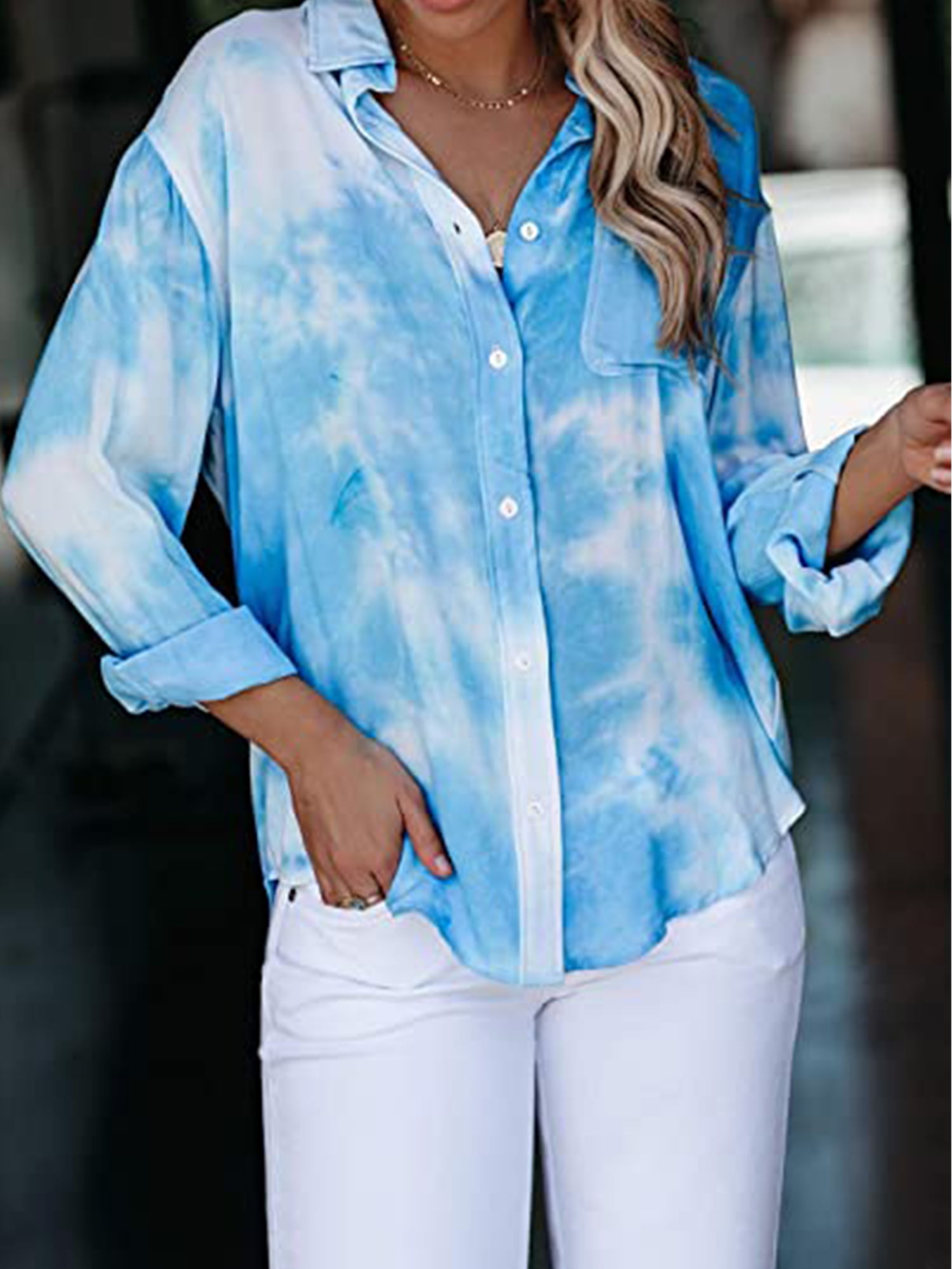 UKAP Women Casual Button Up Tie Dye Shirt Long Sleeve