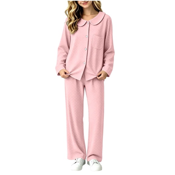 Cethrio Girls Pajama Sets Long Sleeve, Breathable Spring Fall 2 Piece Casual Girls' Sleepwear Pink Size 10-12