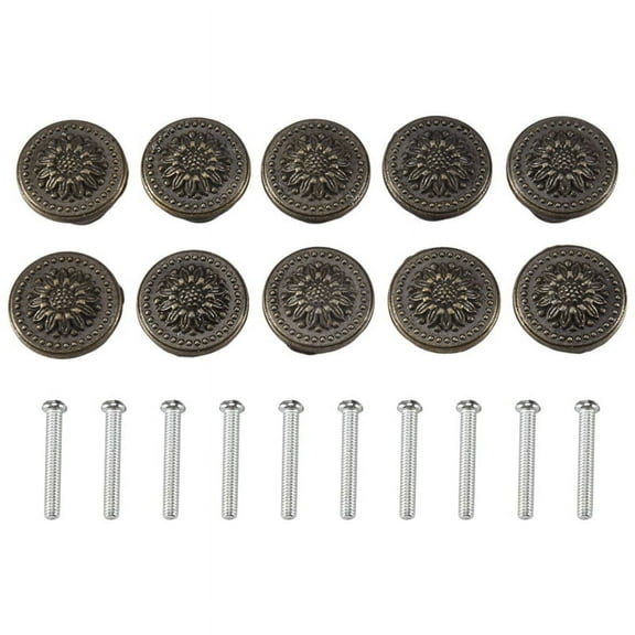 10 Pack Antique Bronzy Flower Round Handle Kitchen Cabinet Cupboard Door Drawer Pull Knob With Screws 25 x 23mm