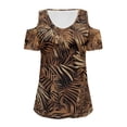thumbnail image 5 of POLERO Womens Cold Shoulder Tops V Neck T Shirts Palm Leaves Print Summer Short Sleeve Tees Outfits for Ladies Sexy Casual Work Travel Beach Tunic Blouse L, 5 of 7