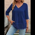 thumbnail image 4 of Camiseta de Verano con Cuello en V, 3/4, Estilo Retro, y con Bordado de Patchwork de Encaje Vintage para Mujer. Azul XXL, 4 of 10